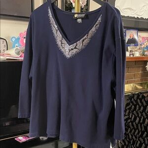 Christine Alexander Navy V-Neck Long-Sleeve Top with Swarovski Crystals